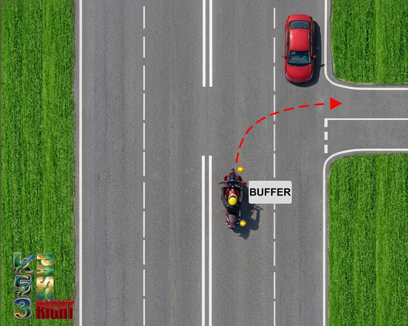 Motorcyclist buffering oncoming traffic while waiting to turn right